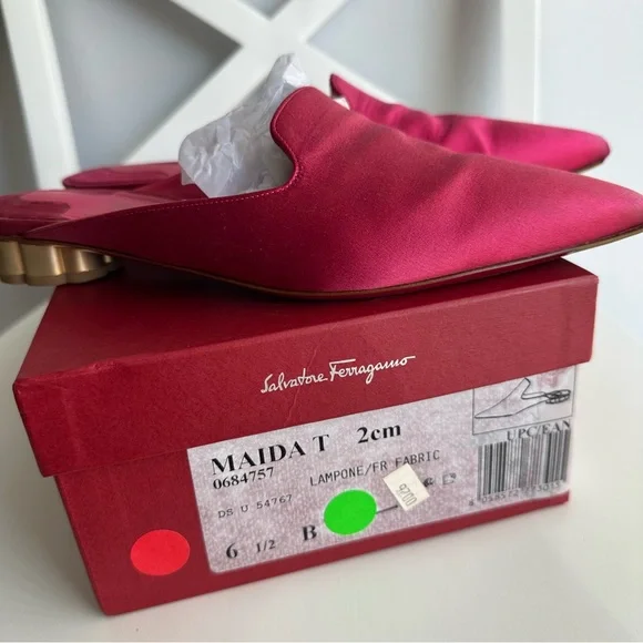 Salvatore Ferragamo Maida Satin Pointed Toe Low Heeled Mules in Fuchsia Pink - Picture 8 of 10